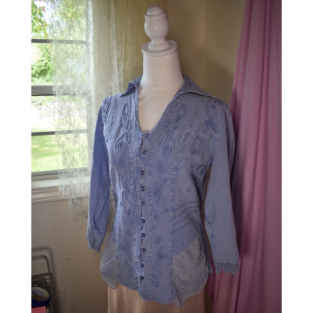 Giocam Blue Embroidered Cotton Blouse Lace Mesh Trim Button Down Top